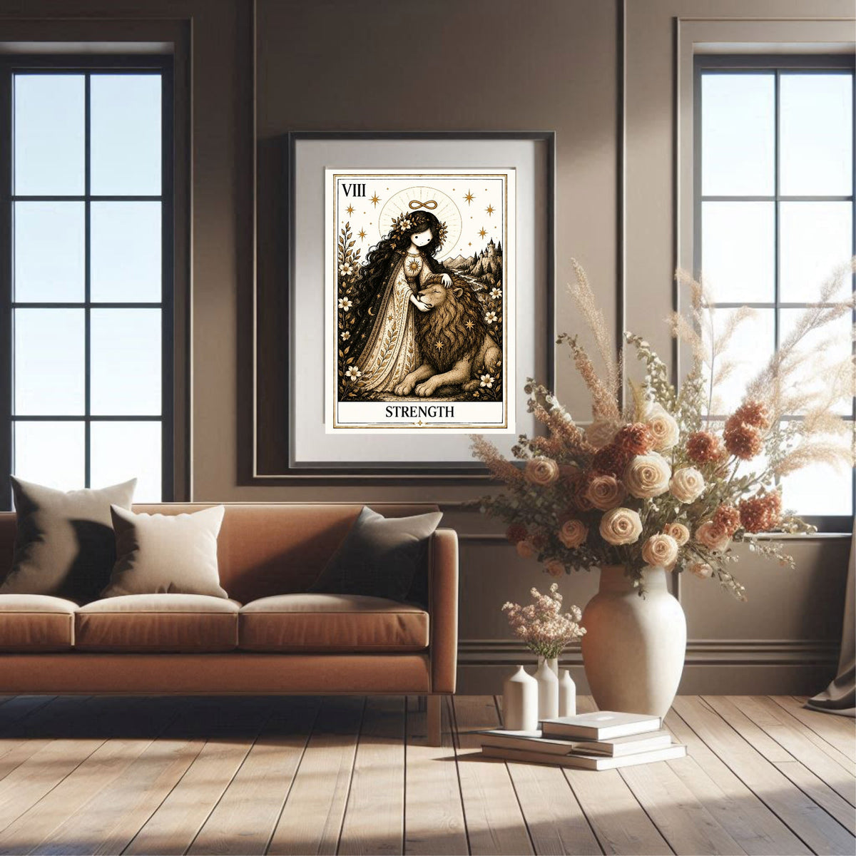 Strength Tarot print in a styled interior