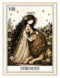 Flower-crowned figure beside a lion with foliage, stars and an infinity symbol. Artwork shown in a frame.