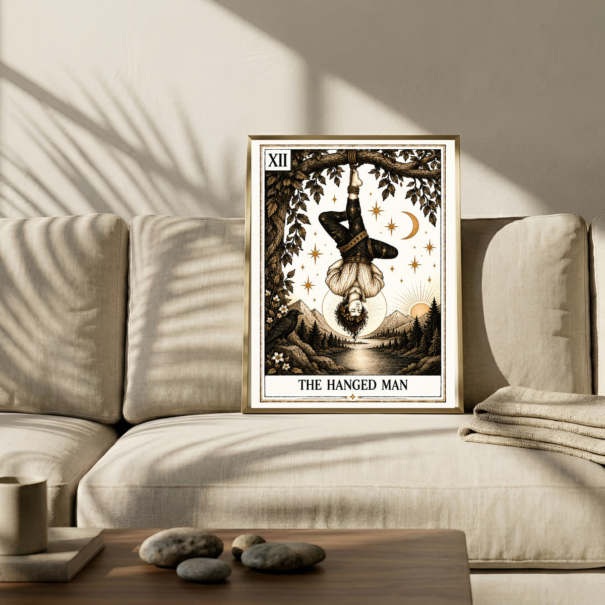 The Hanged Man Tarot print in a styled interior