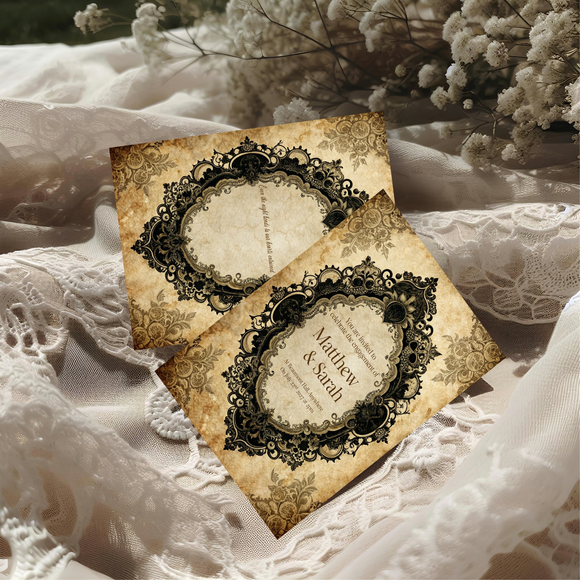 Gothic Engagement Party Invitations | Black Lace Oval Frame | Pack of 10