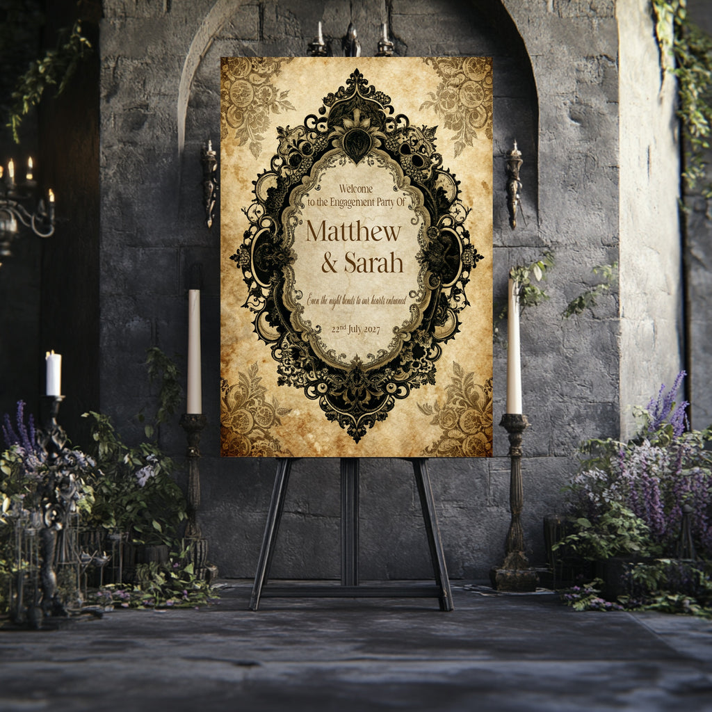 Gothic Engagement Welcome Party Sign | Black Lace Oval Frame