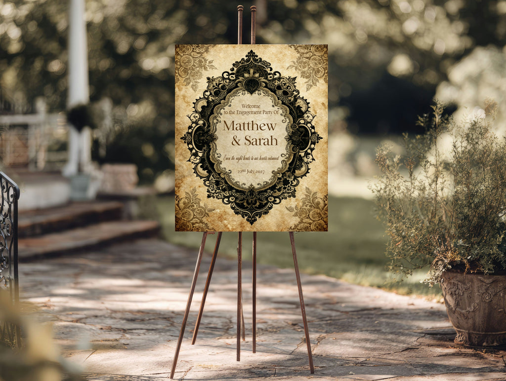 Gothic Engagement Welcome Party Sign | Black Lace Oval Frame