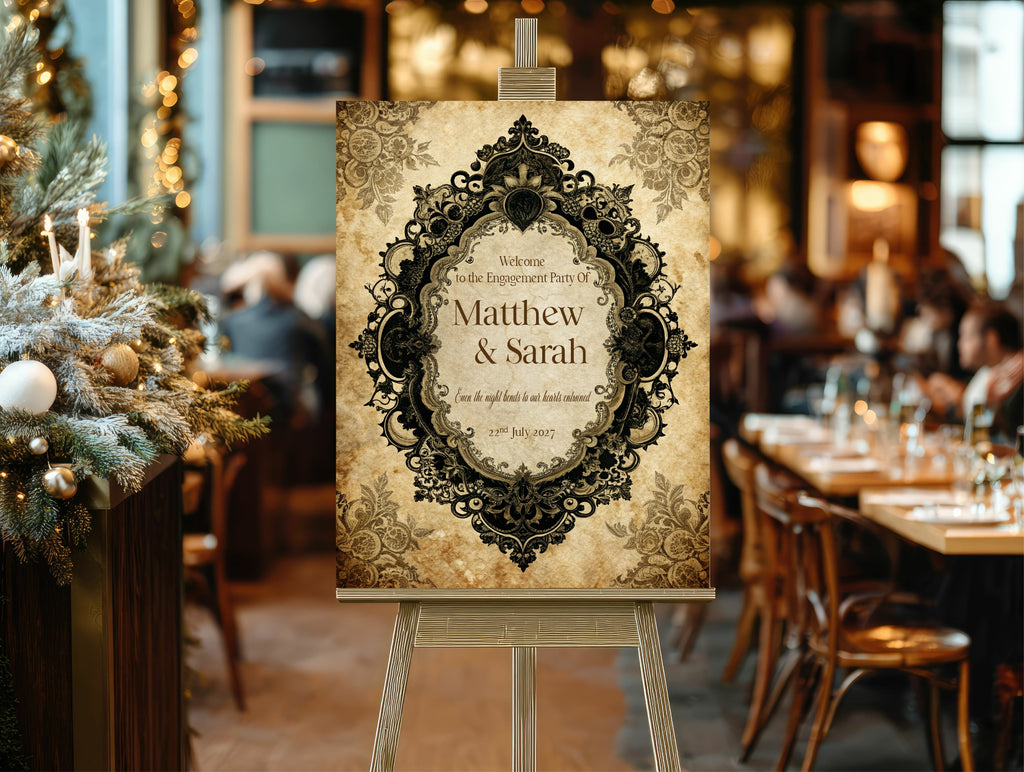 Gothic Engagement Welcome Party Sign | Black Lace Oval Frame