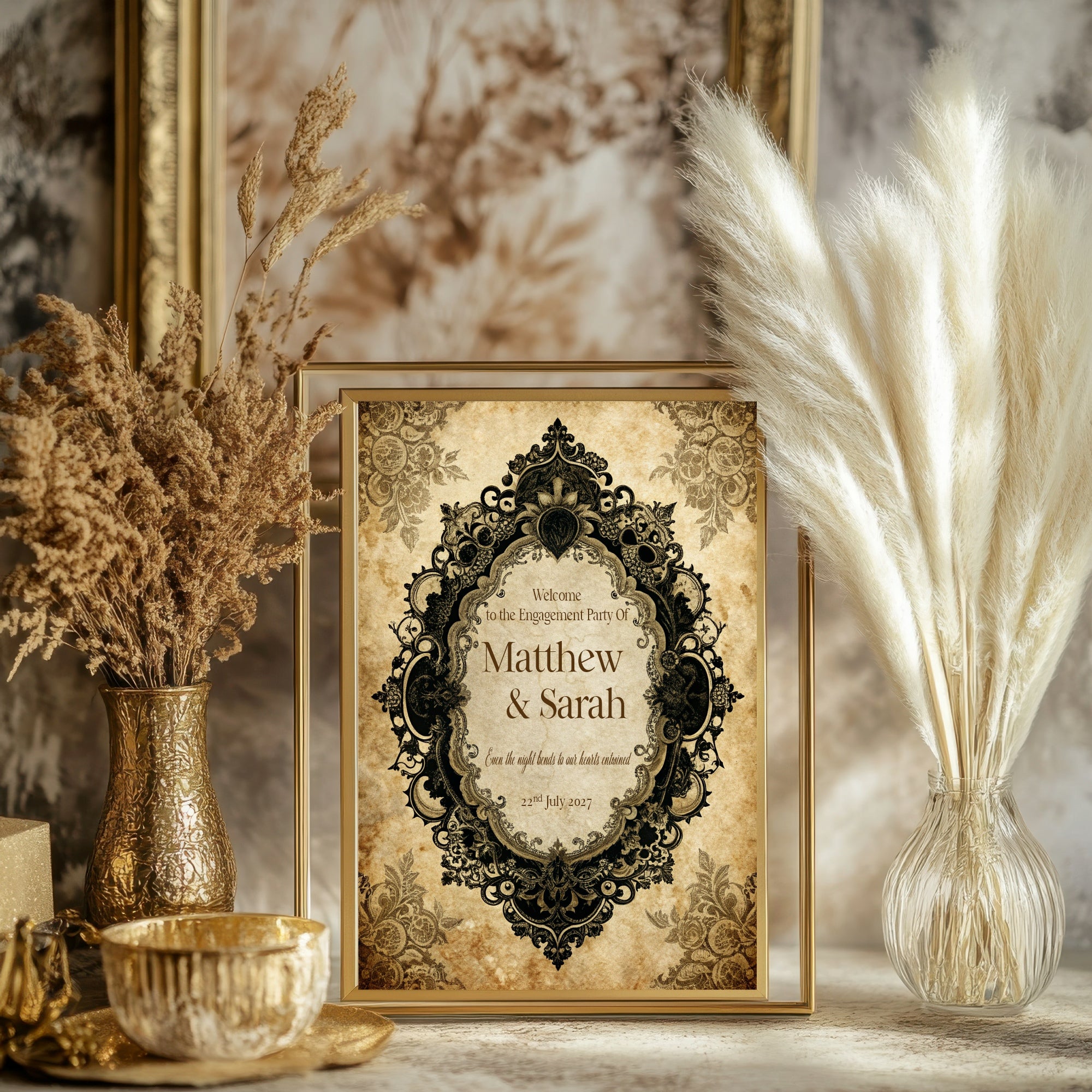 Gothic Engagement Welcome Party Sign | Black Lace Oval Frame