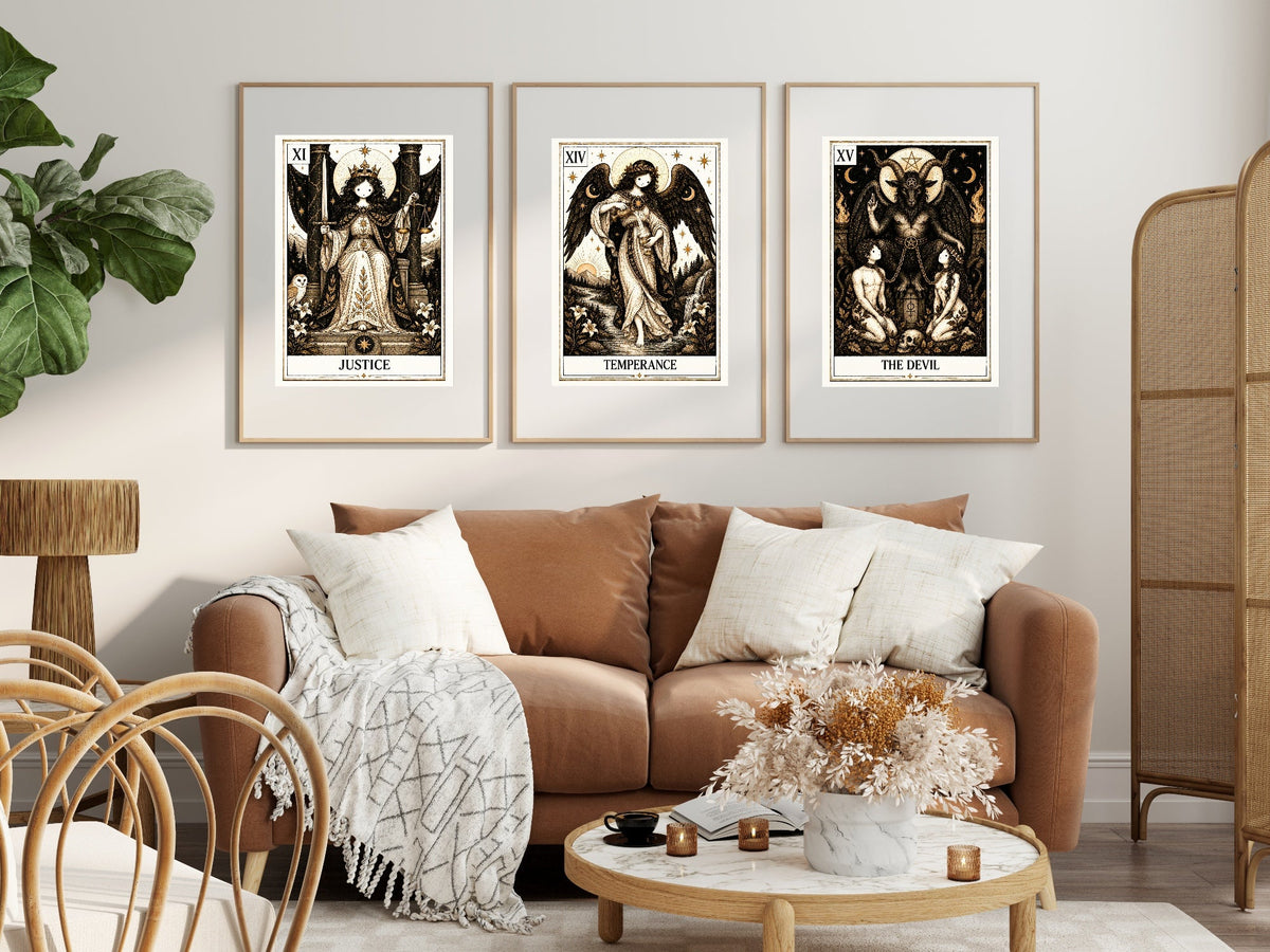 The Devil, Temperance and Justice Tarot prints displayed together