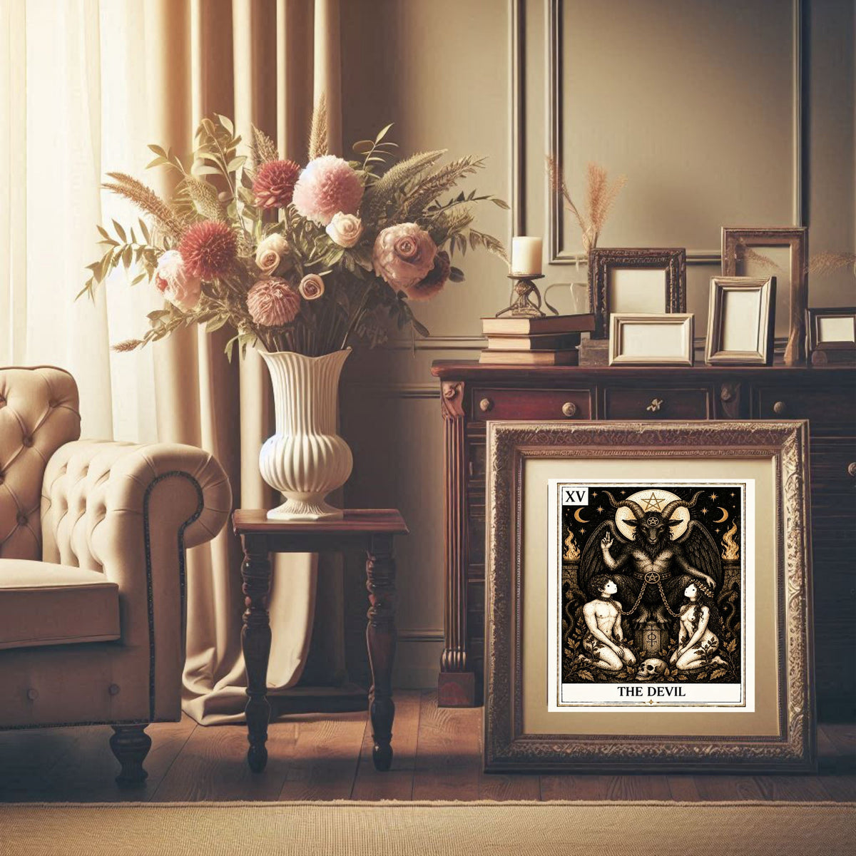 The Devil Tarot print in a styled interior