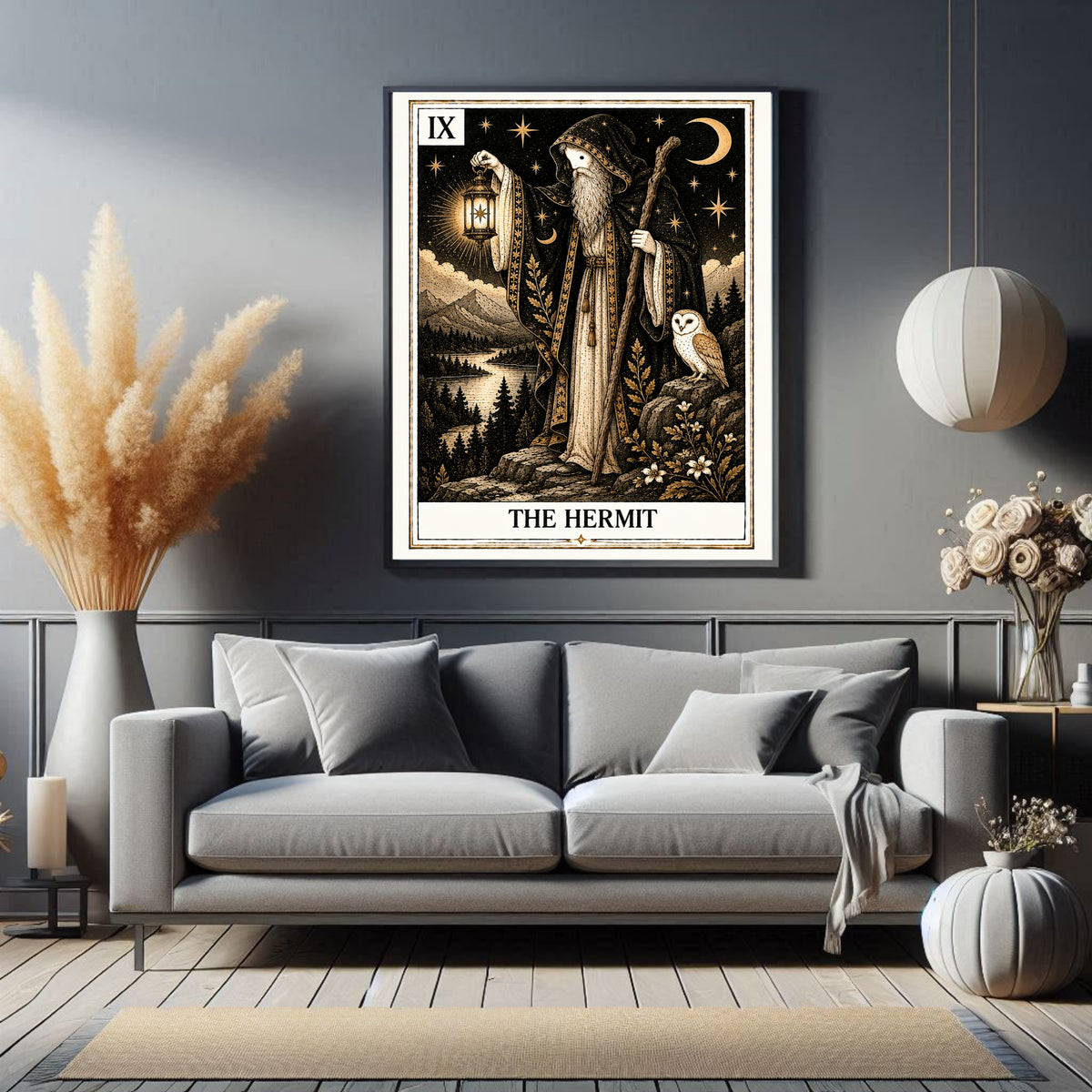 The Hermit Tarot print in a styled interior