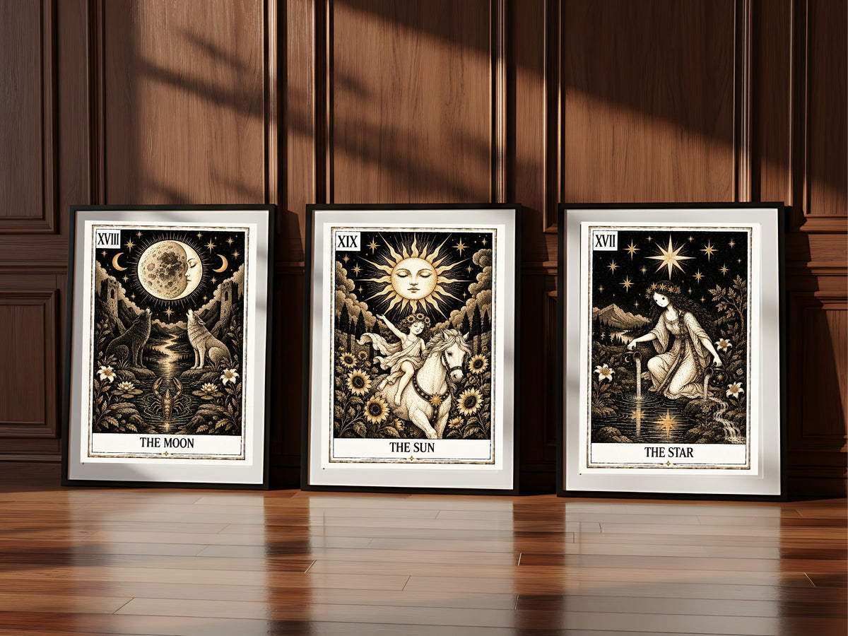 The Moon, Sun and Star Tarot prints displayed together
