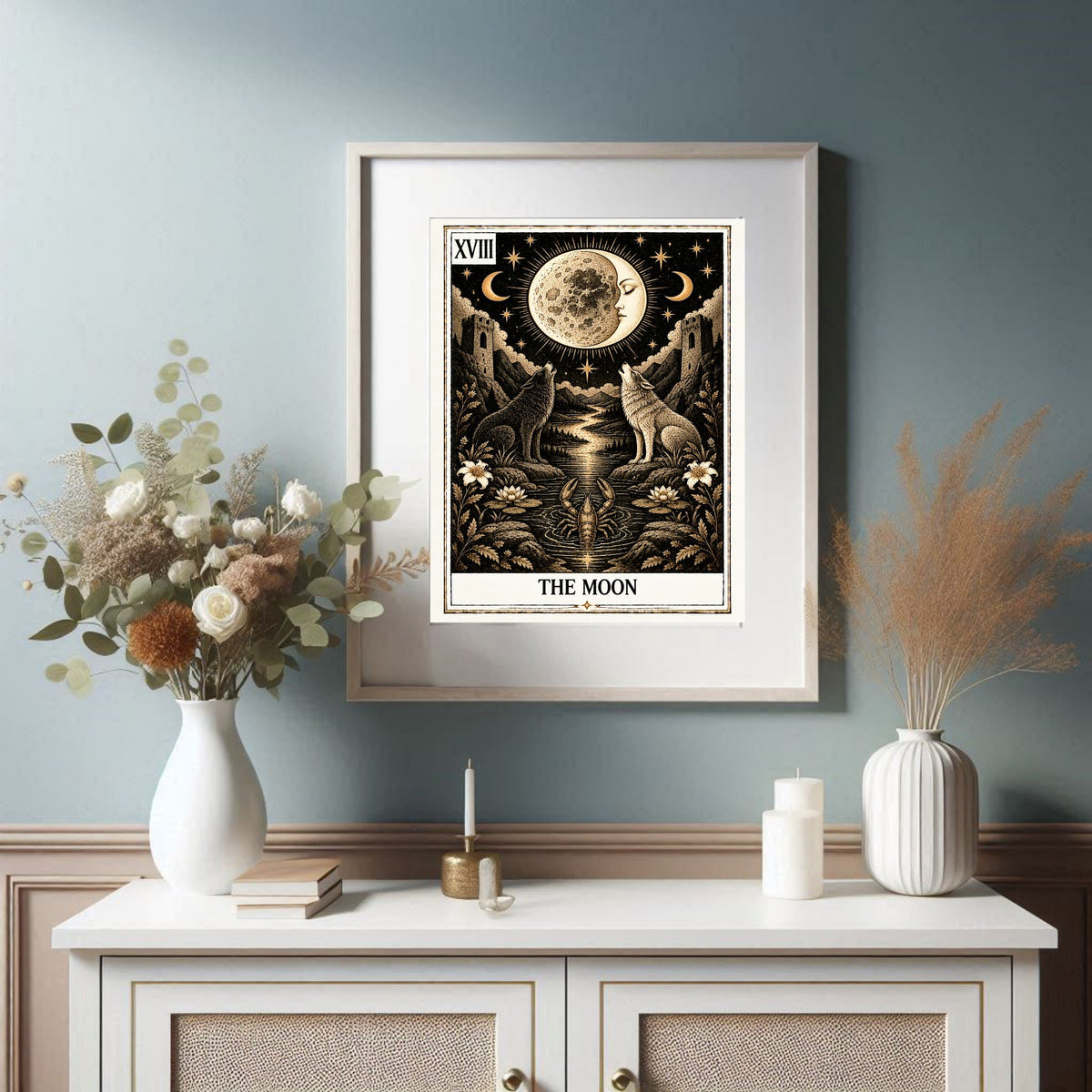 The Moon Tarot print in a styled interior