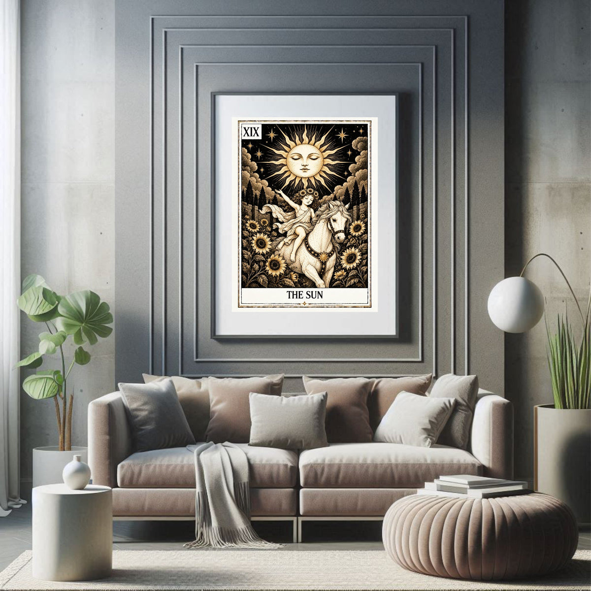 The Sun Tarot print in a styled interior