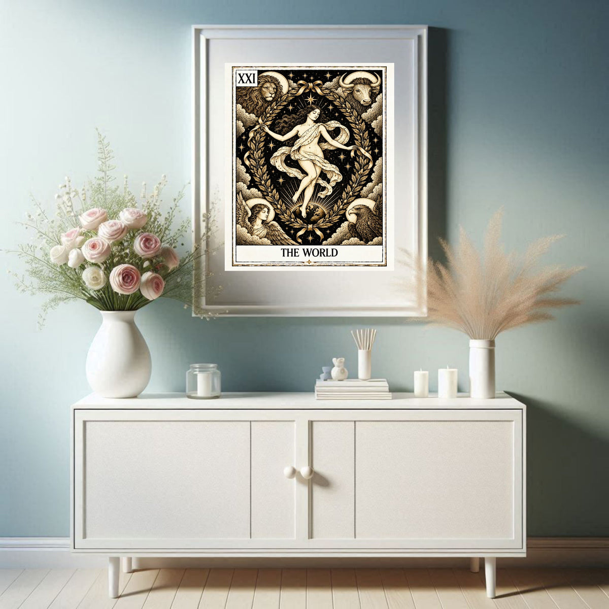 The World Tarot print in a styled interior
