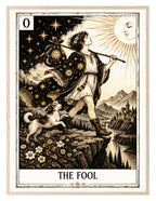 Traveller carrying a bundle near a rocky edge beneath a sun face and stars. Artwork shown in a frame.