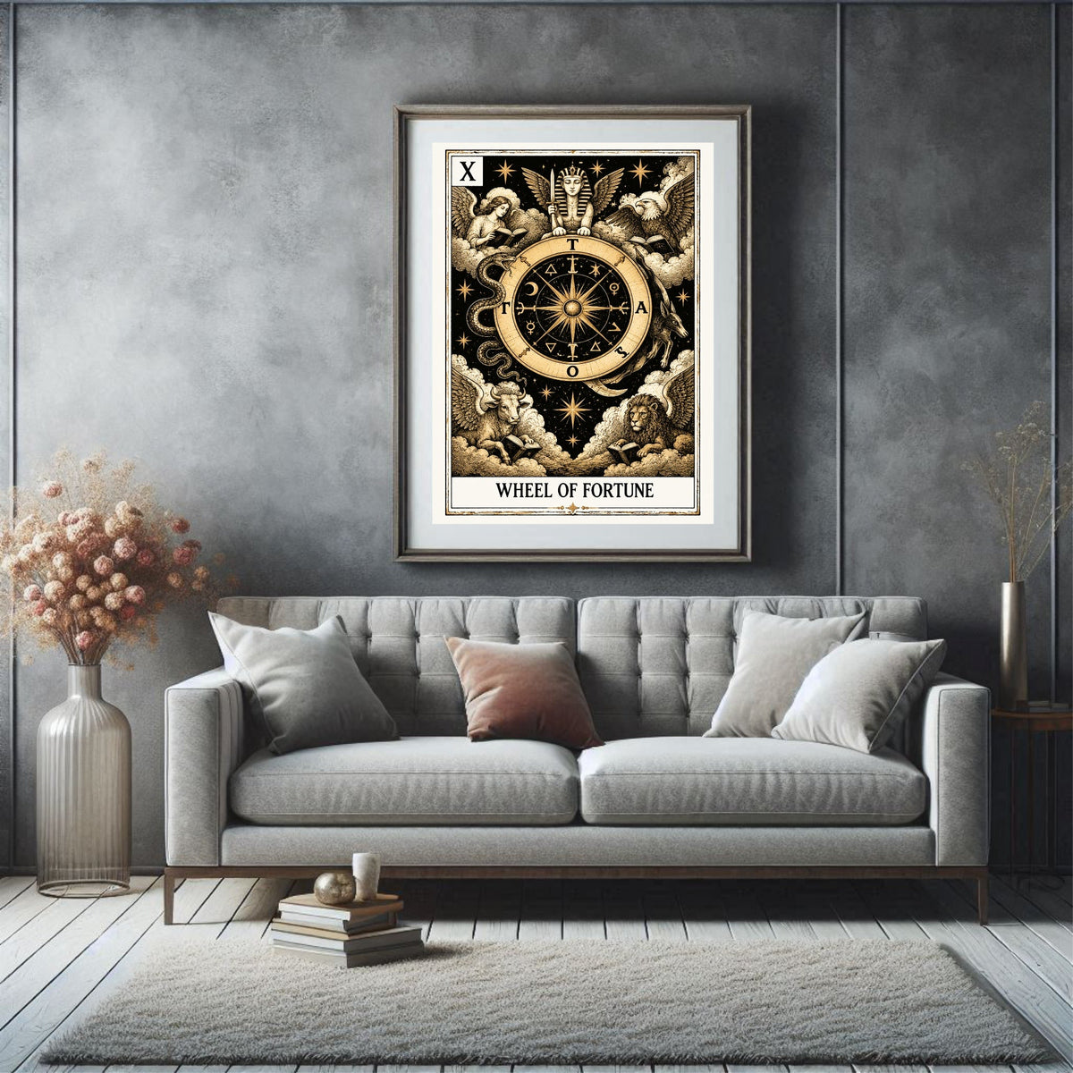 Wheel of Fortune Tarot print in a styled interior