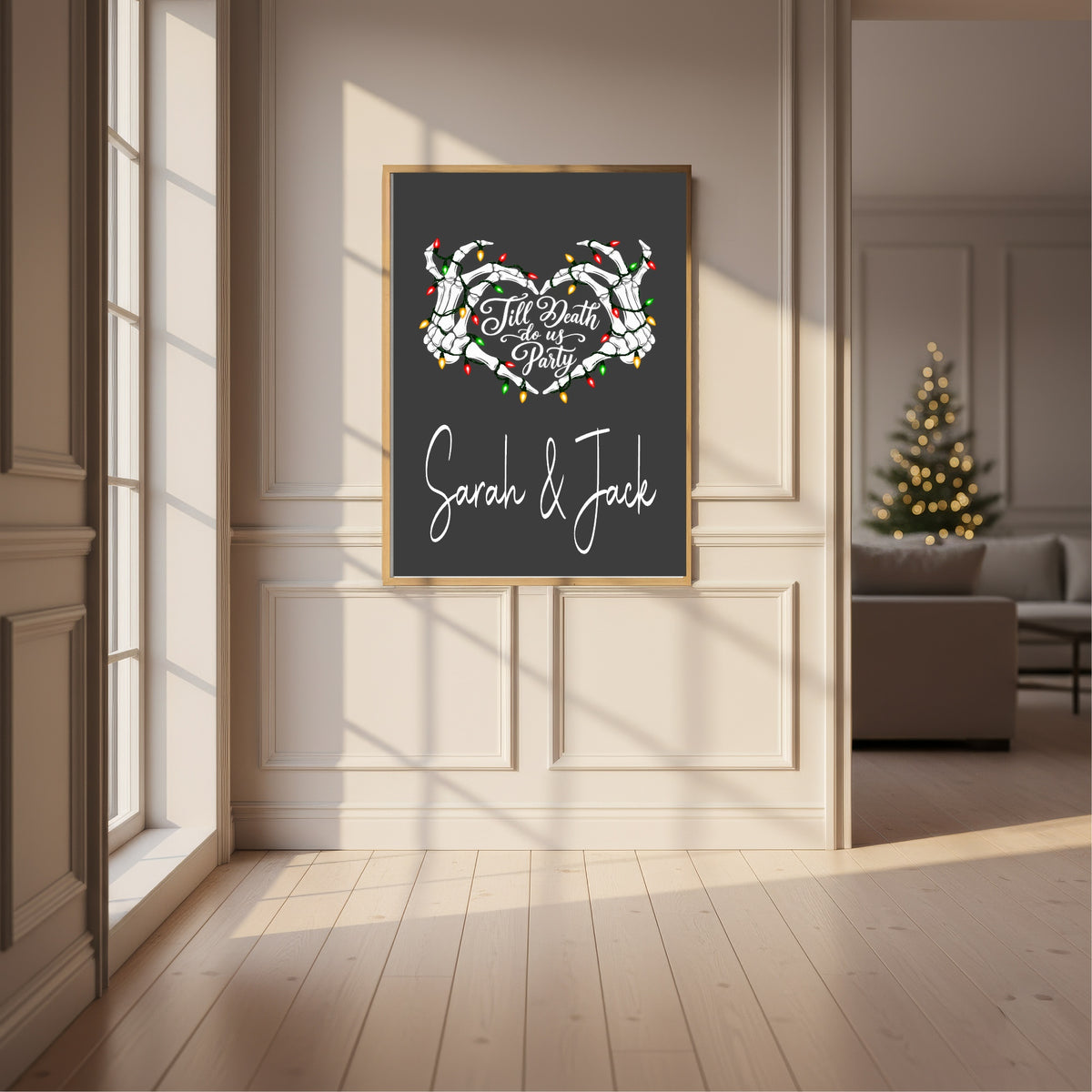 Christmas print displayed in a festive room
