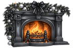 Close-up of the black Gothic fireplace illustration with glowing fire, silver baubles and black bows