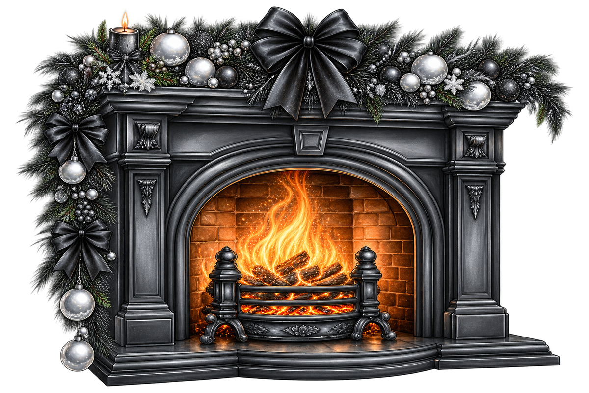 Close-up of the black Gothic fireplace illustration with glowing fire, silver baubles and black bows