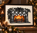 Personalised Gothic Christmas Fireplace Print with four named stockings, displayed in a black frame beside Christmas decorations