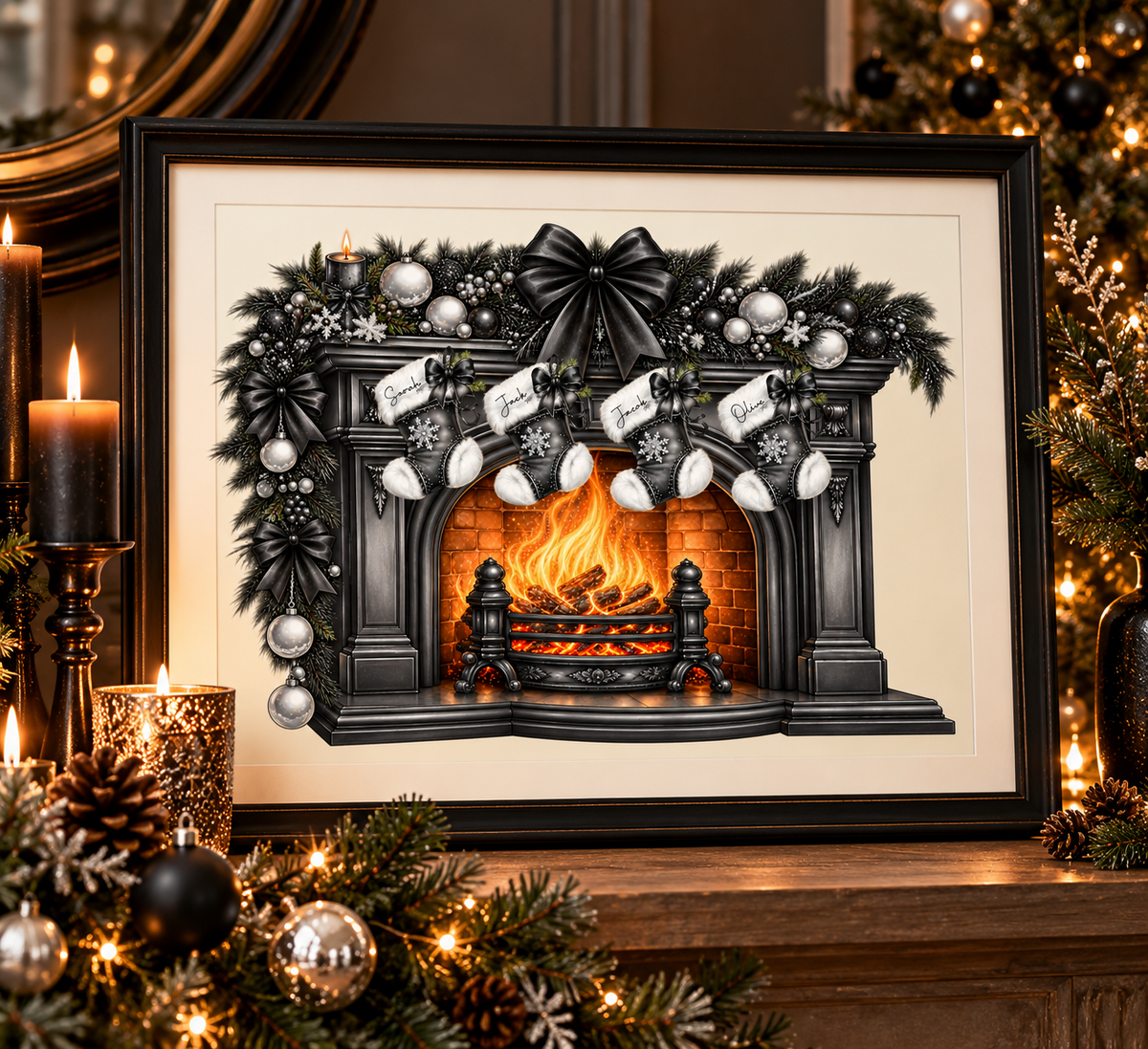 Personalised Gothic Christmas Fireplace Print with four named stockings, displayed in a black frame beside Christmas decorations