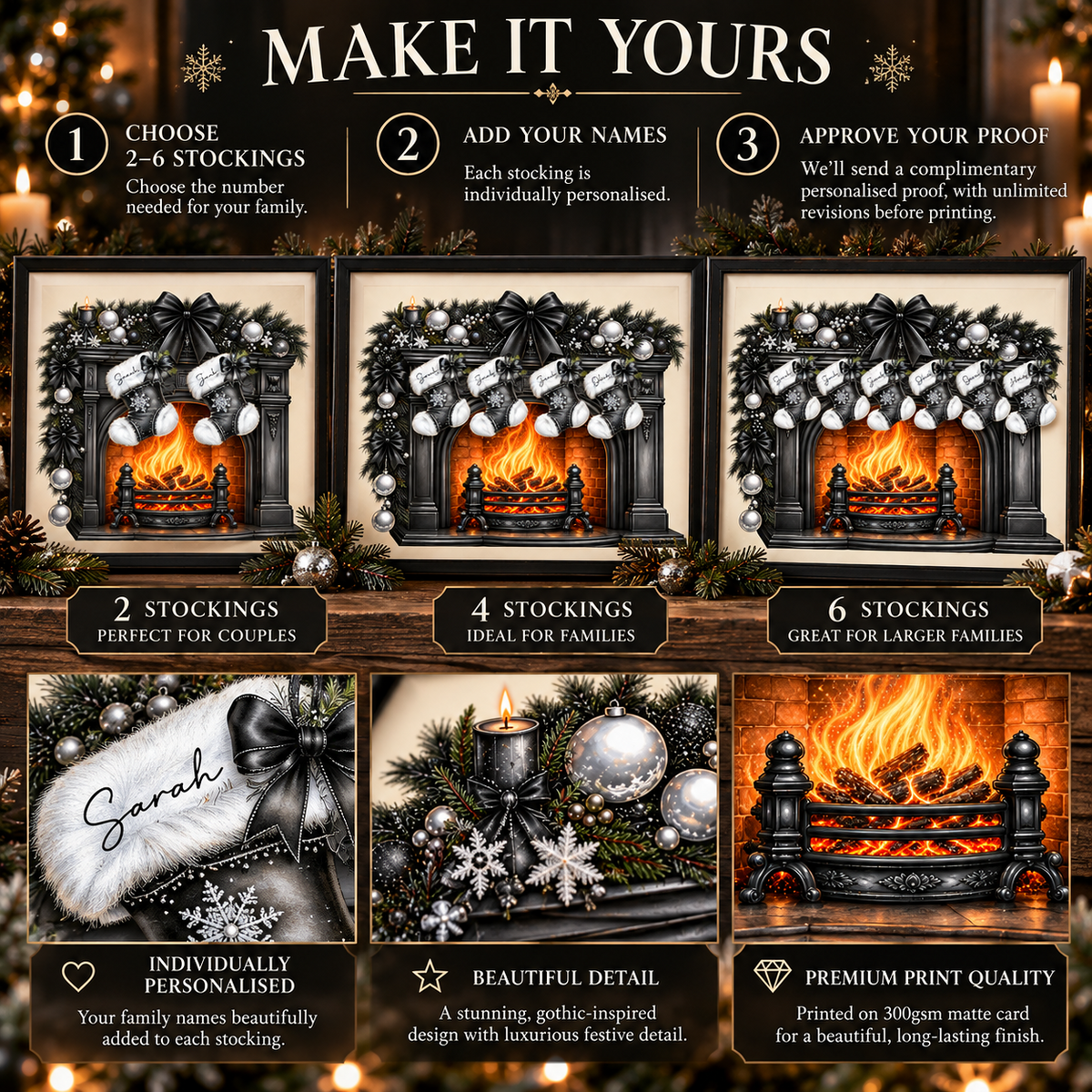 Personalisation guide showing two, four and six stockings, one name per stocking and complimentary proof with unlimited revisions