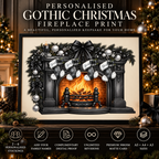 Personalised Gothic Christmas Fireplace Print details: two to six stockings, family names, free proof, unlimited revisions and 300gsm matte card
