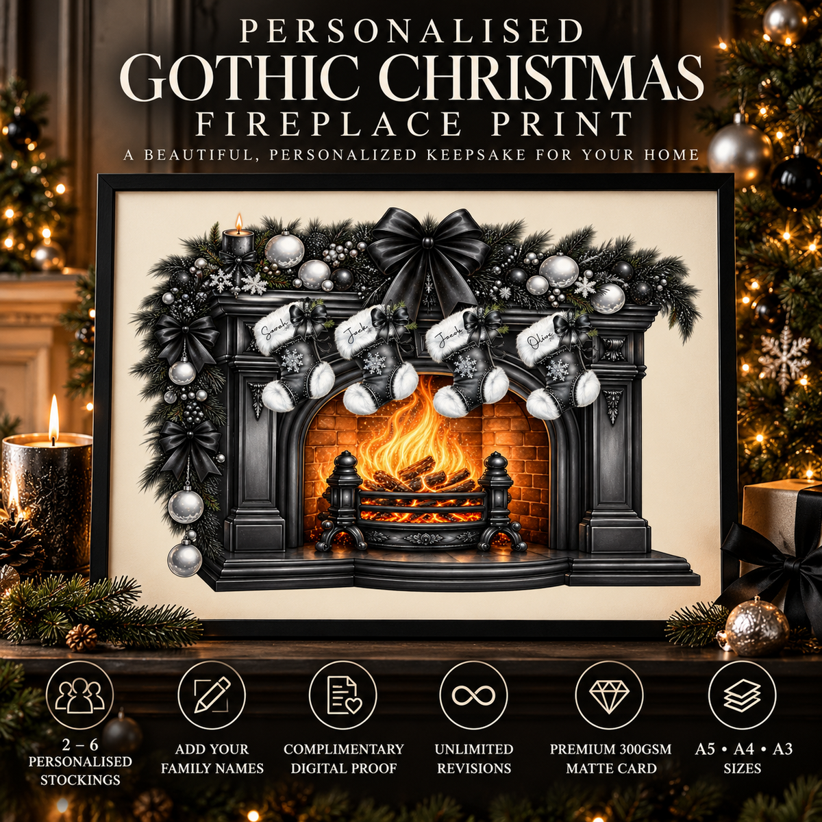 Personalised Gothic Christmas Fireplace Print details: two to six stockings, family names, free proof, unlimited revisions and 300gsm matte card