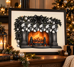Framed Gothic Christmas fireplace wall art showing six named stockings and black and silver festive decorations