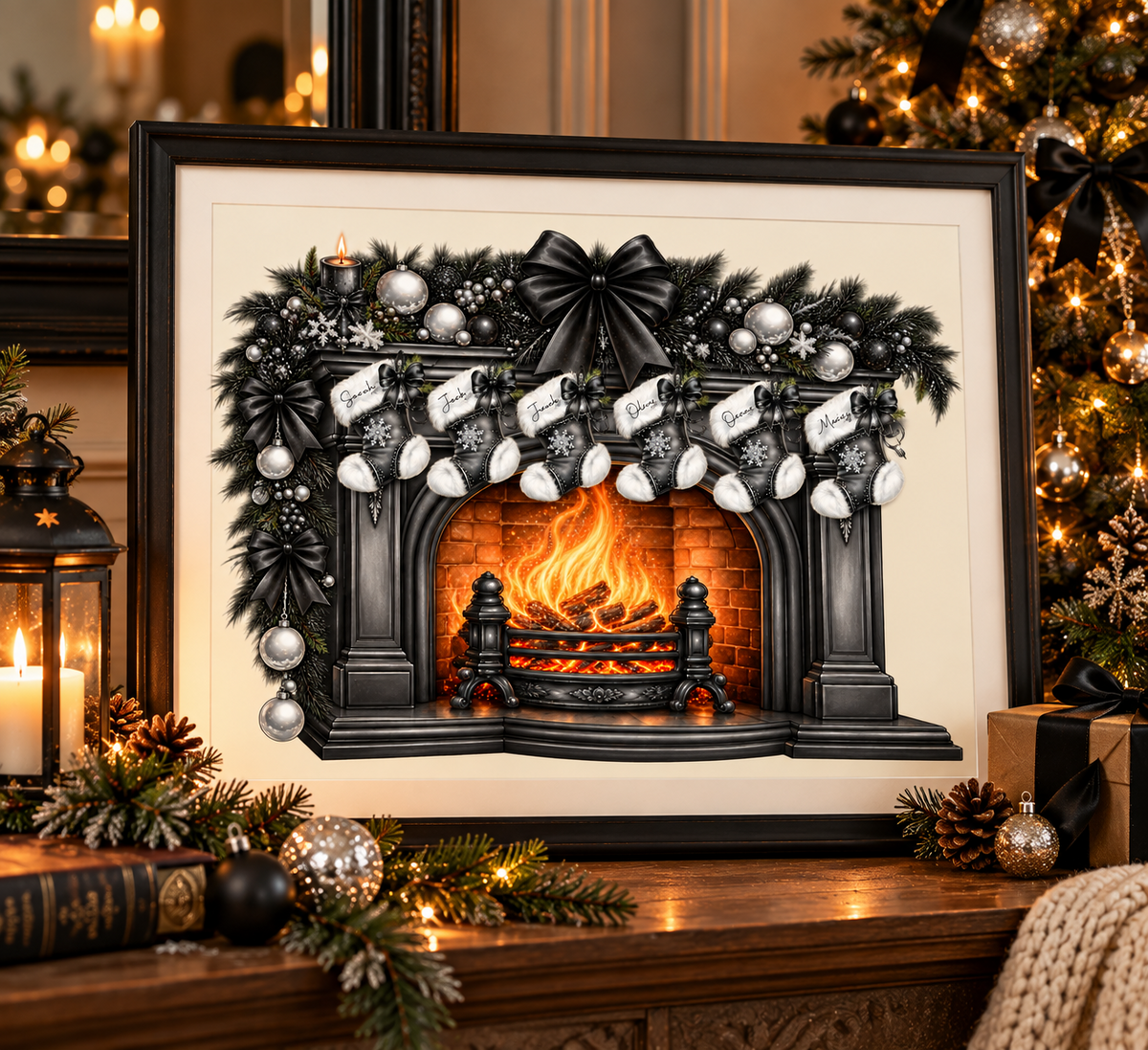 Framed Gothic Christmas fireplace wall art showing six named stockings and black and silver festive decorations