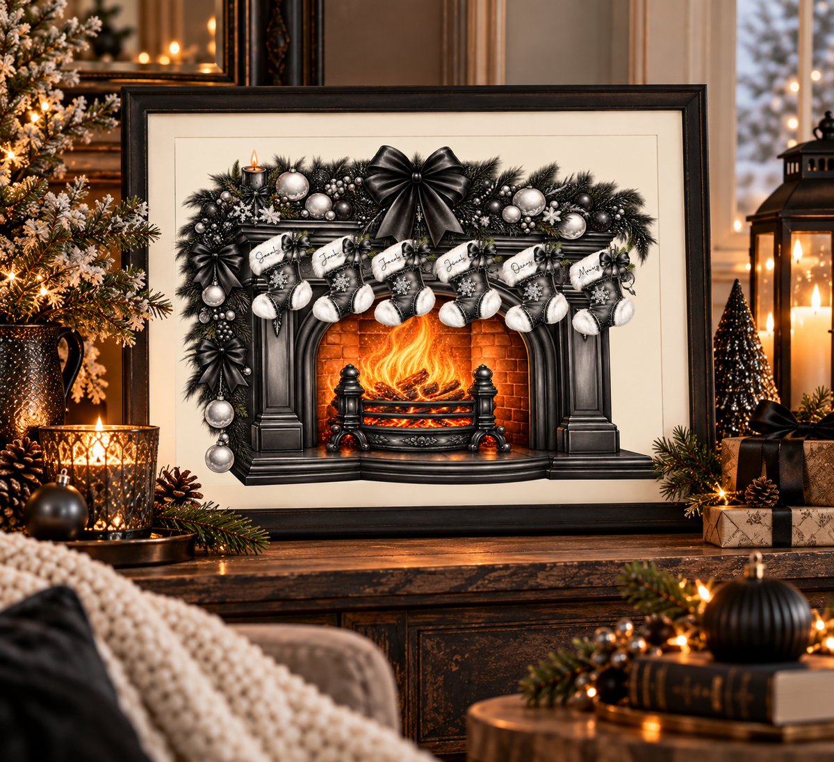 Gothic Christmas fireplace print with six personalised stockings in a cosy Christmas room