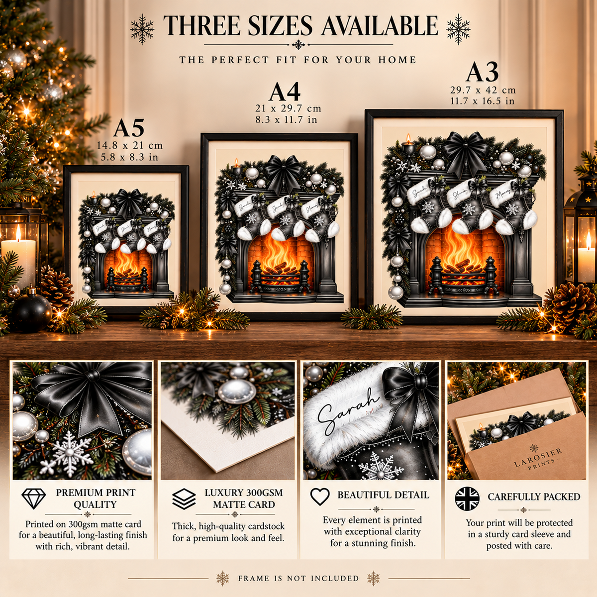 A5, A4 and A3 print size guide with premium matte card, print detail and protective packaging information; frame not included