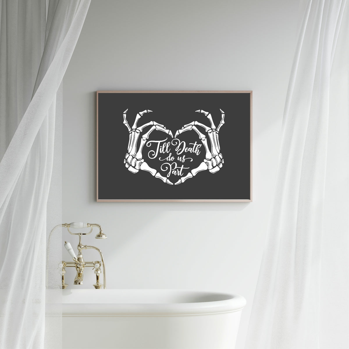 Till Death Do Us Part landscape wall art displayed in a bathroom interior