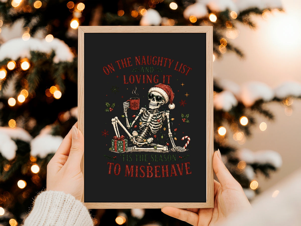 Naughty List skeleton Christmas print close-up
