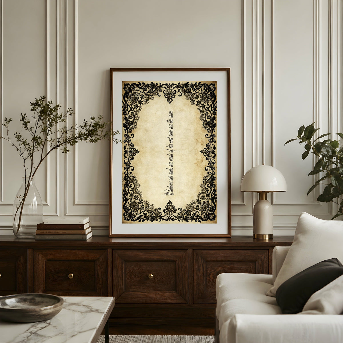 Black Lace dark romantic quote wall art displayed in a living room interior