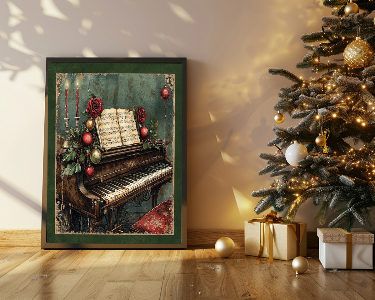 Dark Gothic piano Christmas print in a festive interior