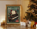 Gothic Christmas piano wall art beside a Christmas tree