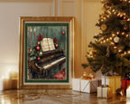 Gothic Christmas piano wall art beside a Christmas tree