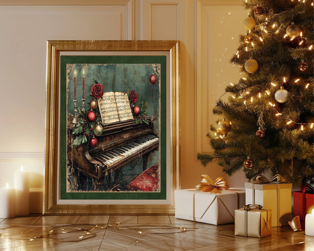 Gothic Christmas piano wall art beside a Christmas tree