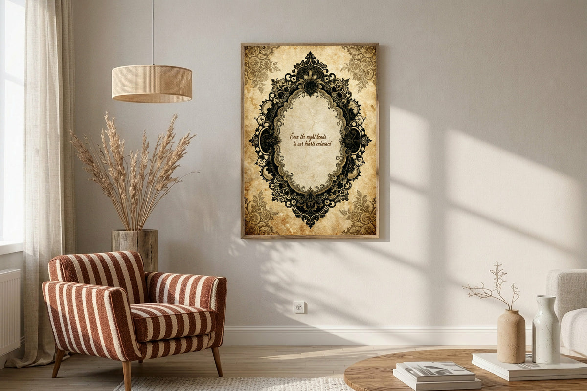 Black Lace Oval Frame dark romantic quote wall art displayed in an interior