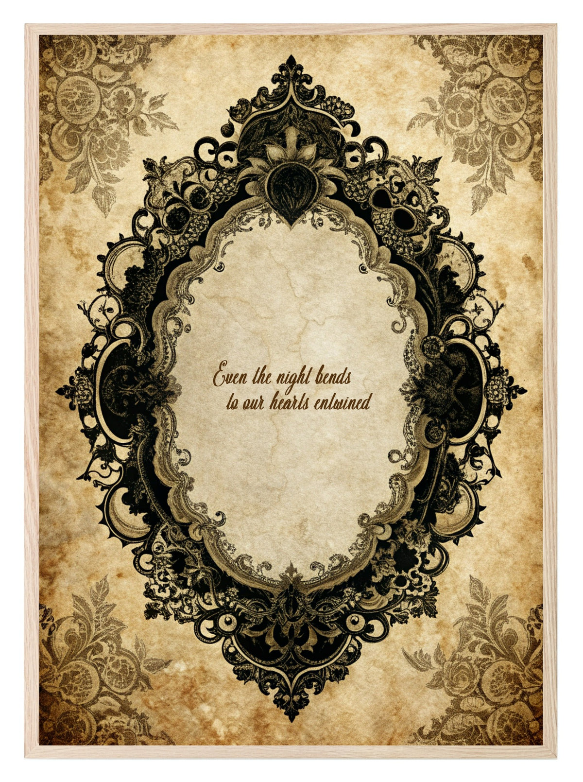 Black Lace Oval Frame Even the night bends to our hearts entwined wall art print