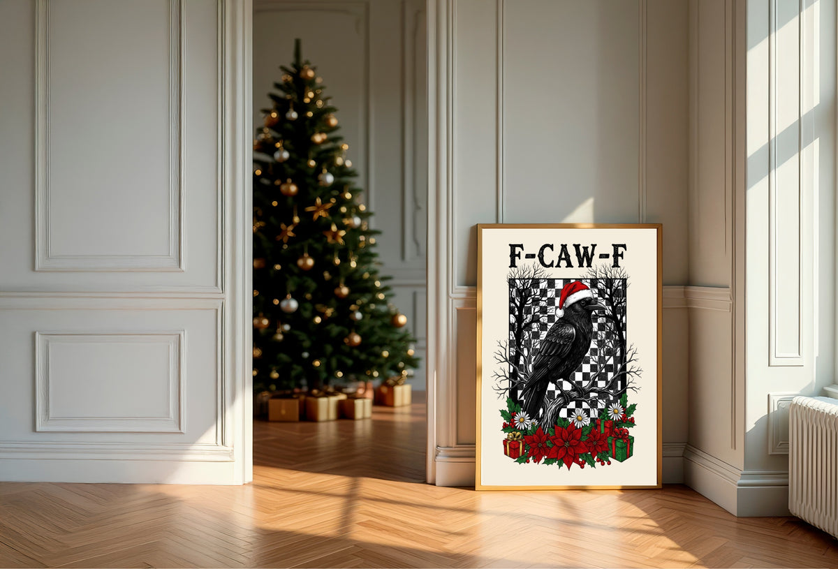 F-CAW-F raven Christmas wall art in a festive room