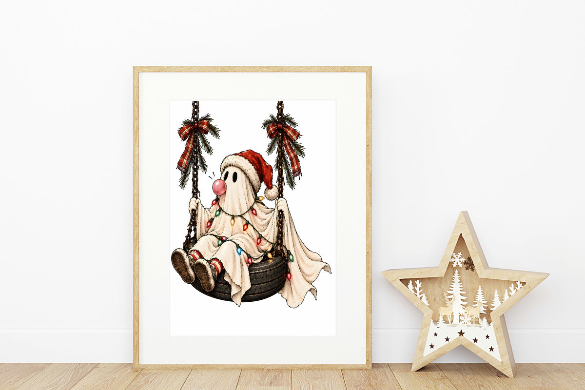 Christmas ghost on a swing wall art with festive decor