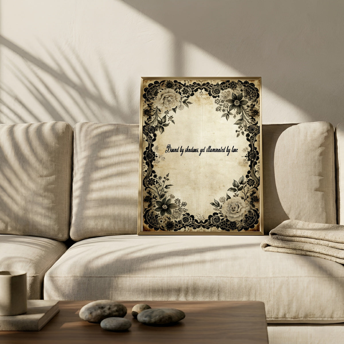 Black Rose dark romantic quote wall art displayed in a living room interior
