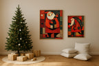Two coordinating abstract Santa Christmas prints displayed together