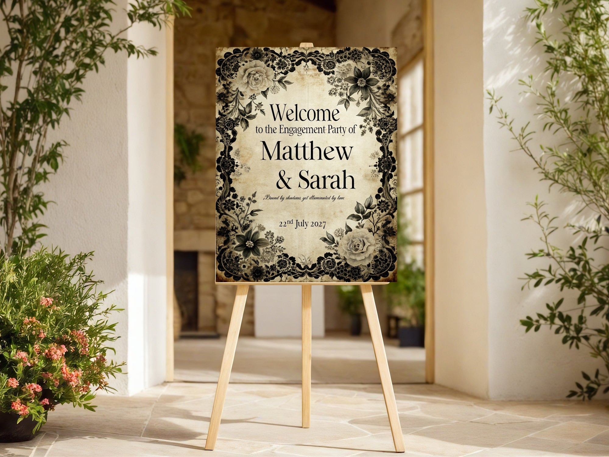 Gothic Engagement Welcome Party Sign | Black Rose