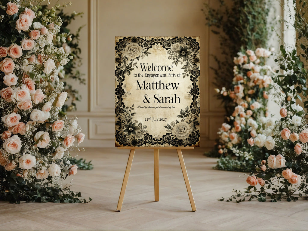 Gothic Engagement Welcome Party Sign | Black Rose