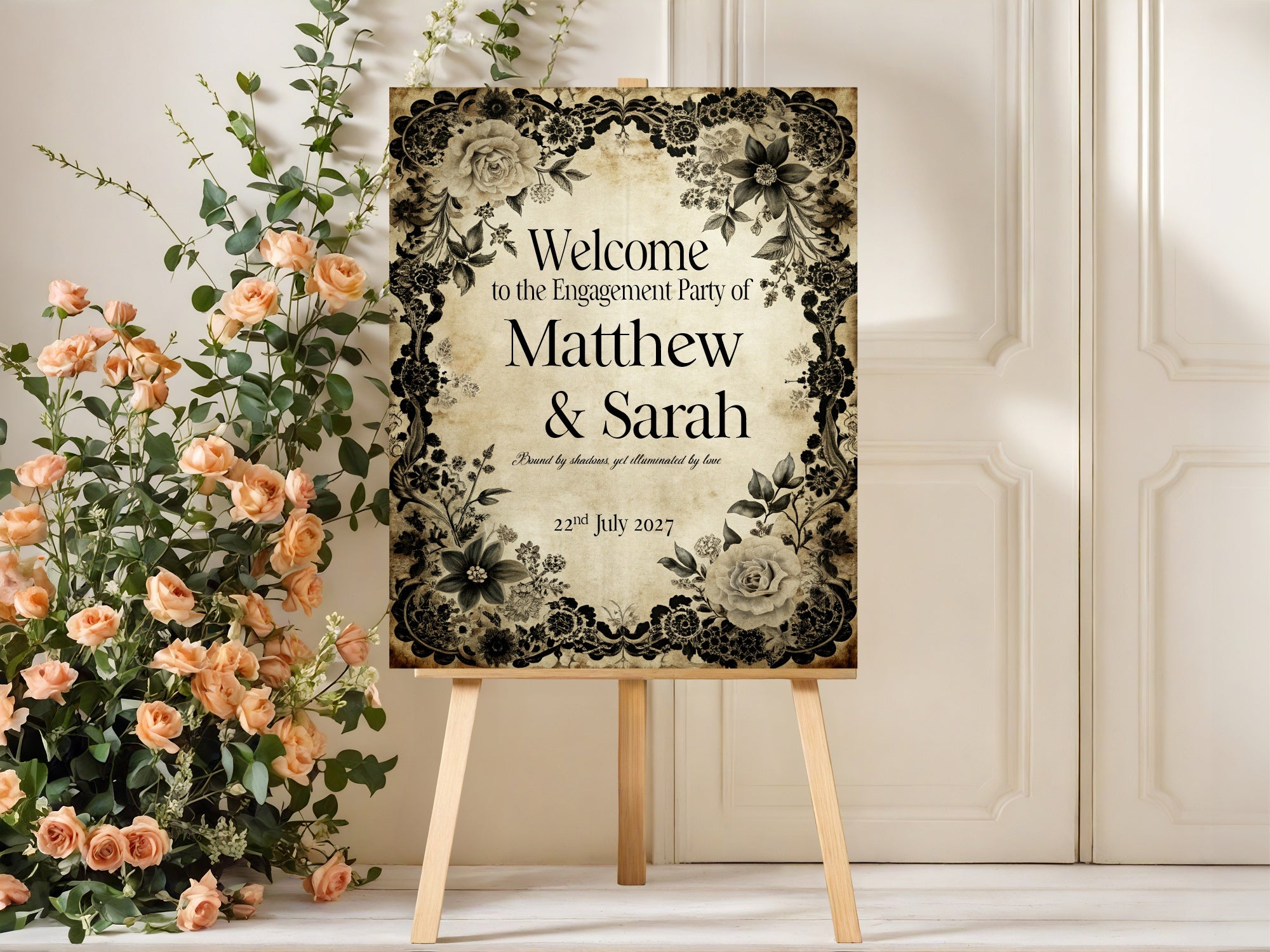 Gothic Engagement Welcome Party Sign | Black Rose