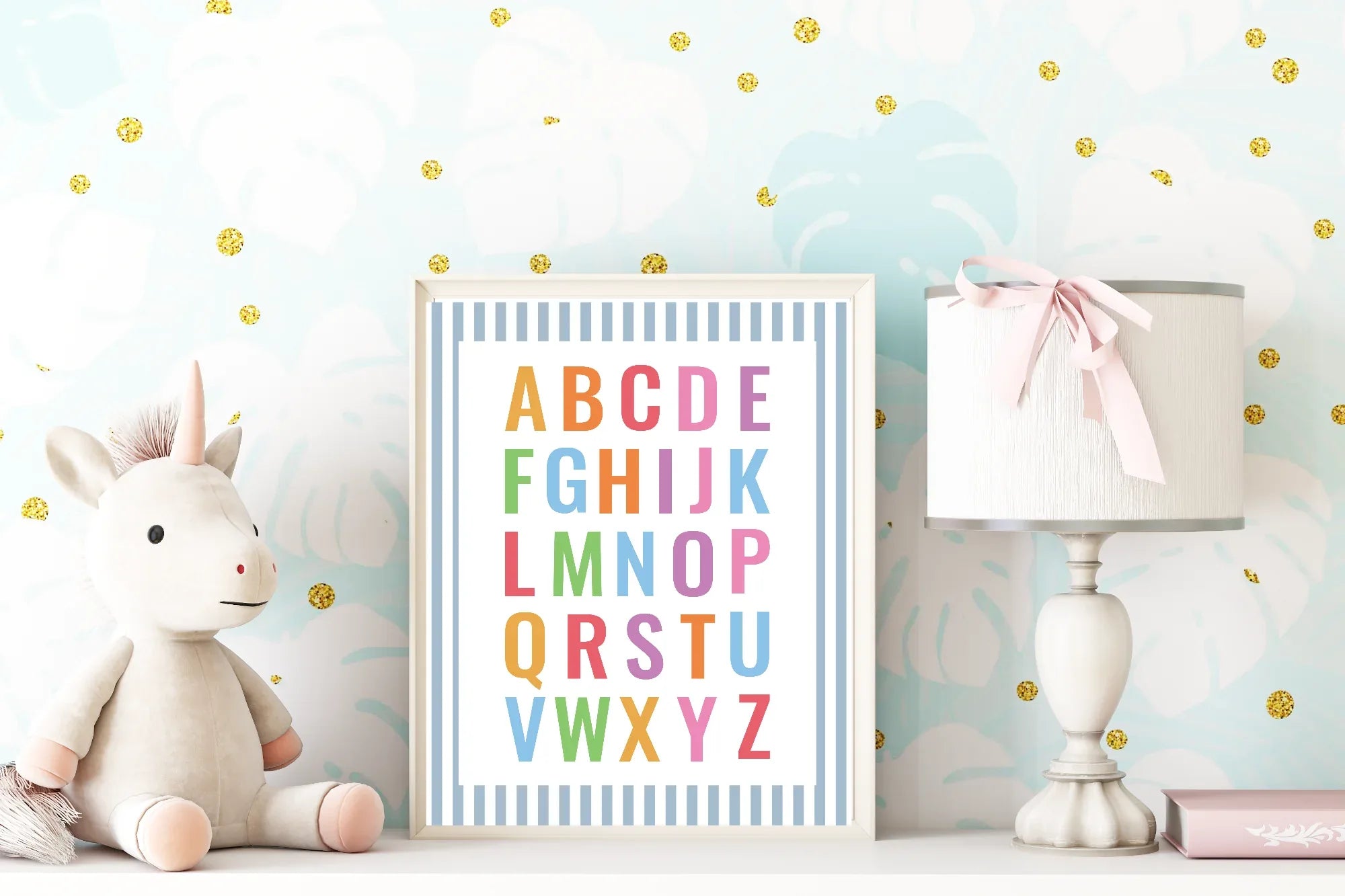 Pastel Stripe Alphabet Educational Wall Art Poster | Blue, Pink or Mint Green - Larosier Prints