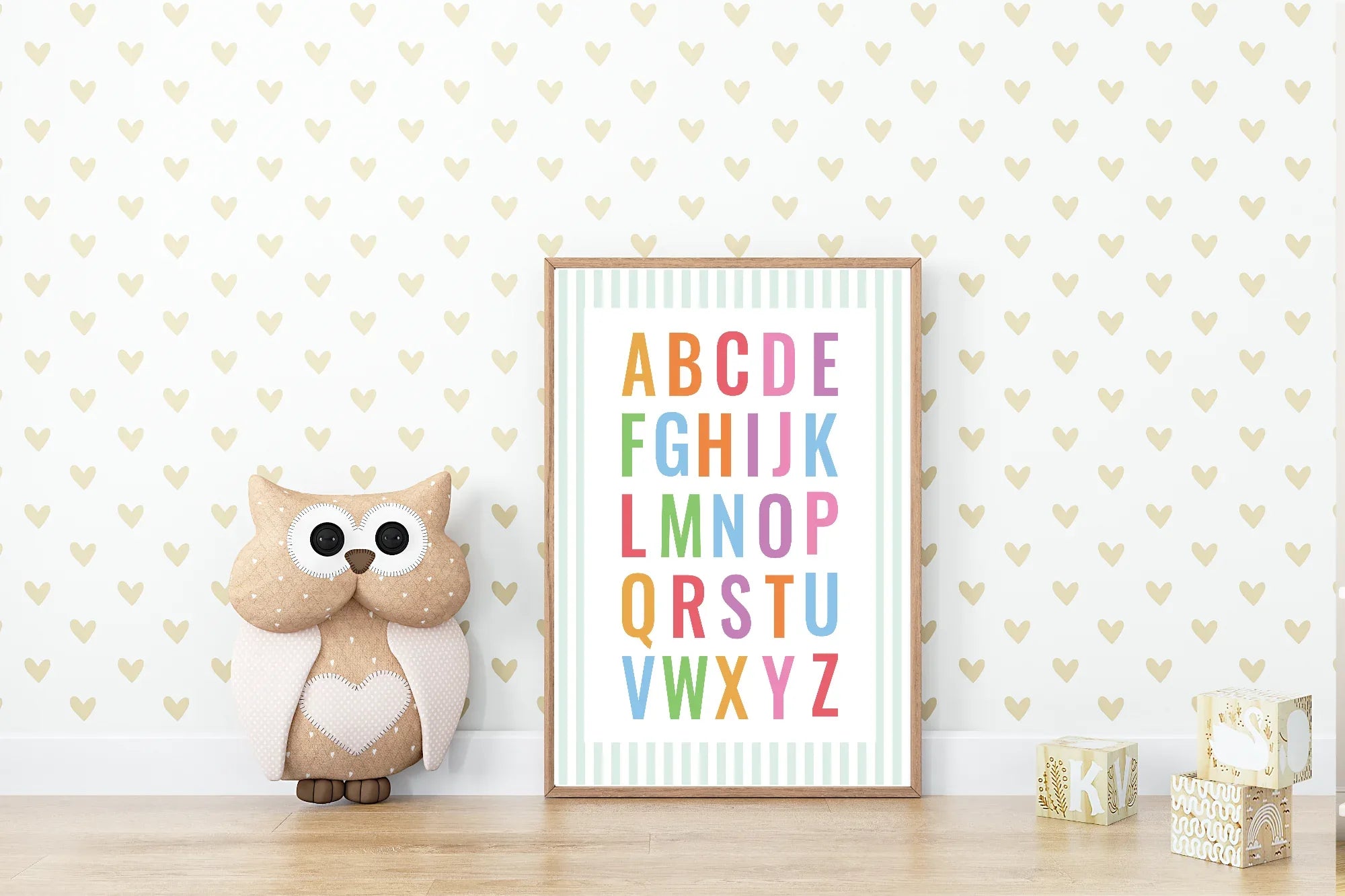 Pastel Stripe Alphabet Educational Wall Art Poster | Blue, Pink or Mint Green - Larosier Prints