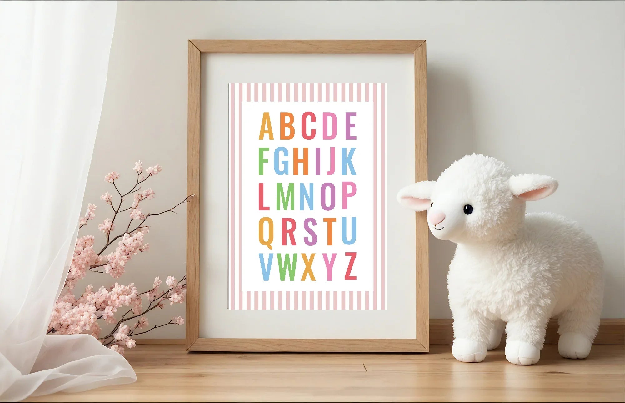 Pastel Stripe Alphabet Educational Wall Art Poster | Blue, Pink or Mint Green - Larosier Prints
