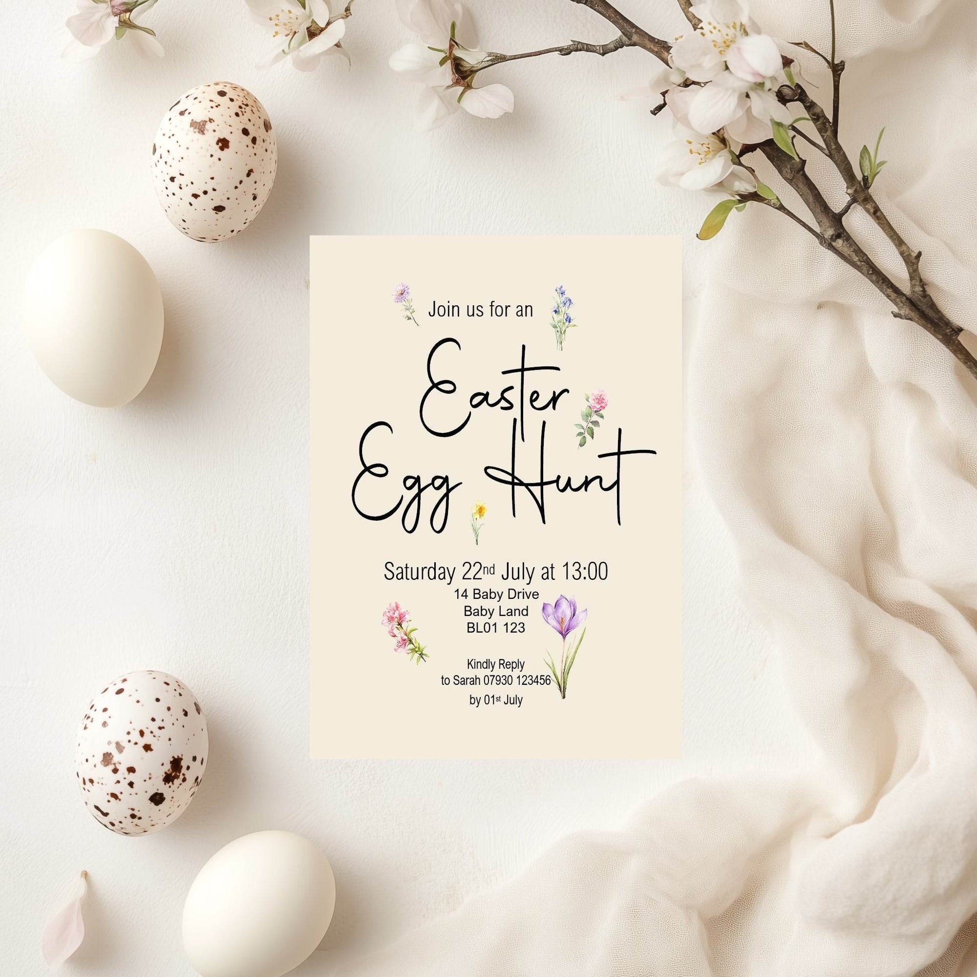 Spring Flowers Easter Egg Hunt Invitations & Envelopes | Pack of 10