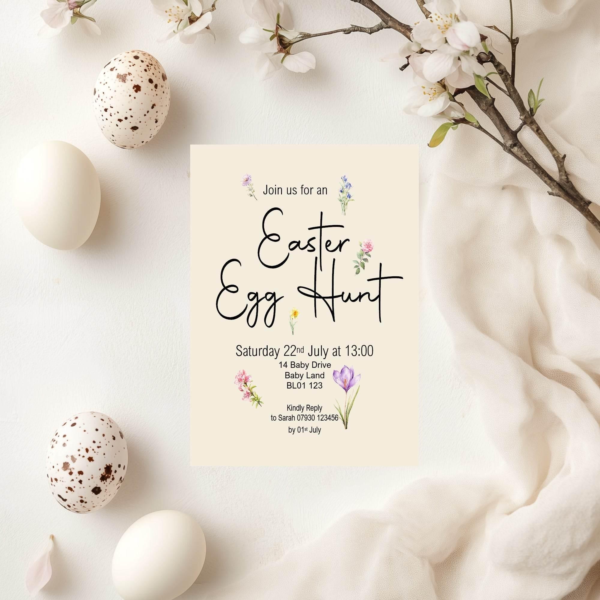 Spring Flowers Easter Egg Hunt Invitations & Envelopes | Pack of 10 - Larosier Prints